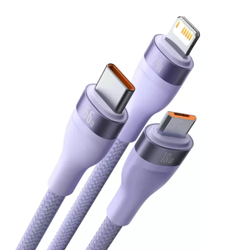 Baseus Cable Flash Series II 3 az 1-ben - USB to Type C, Lightning, Micro USB - 66W 6A 1,2 méter (CASS040005) lila