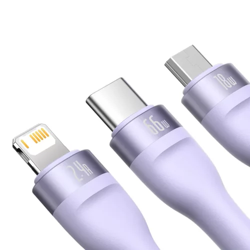 Baseus Cable Flash Series II 3 az 1-ben - USB to Type C, Lightning, Micro USB - 66W 6A 1,2 méter (CASS040005) lila