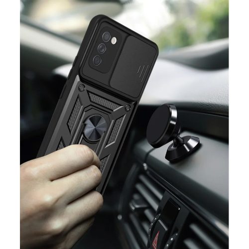 Samsung Galaxy A03s TPU tok kameralencse védővel, kihajtható mágneses támasszal fekete Alphajack