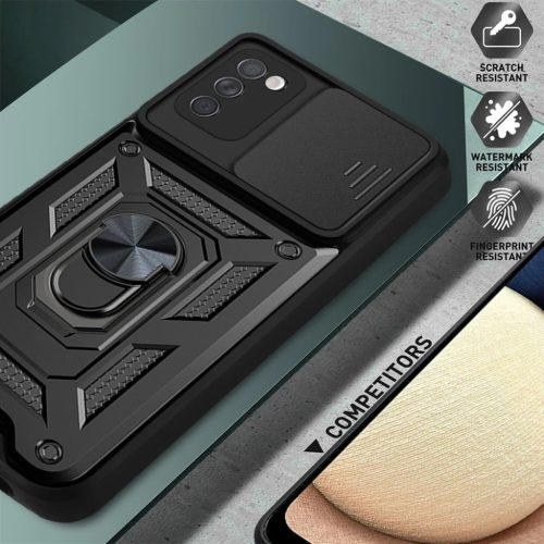 Samsung Galaxy A03s TPU tok kameralencse védővel, kihajtható mágneses támasszal ezüst Alphajack