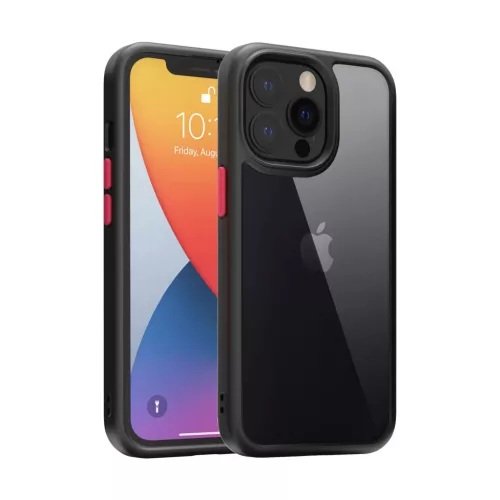 iPhone 14 Pro Max átlátszó TPU tok edzett üveg hátlappal, fekete kerettel Alphajack