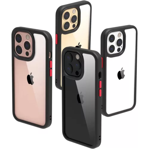 iPhone 14 Pro Max átlátszó TPU tok edzett üveg hátlappal, fekete kerettel Alphajack