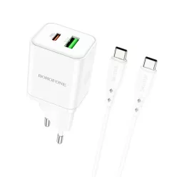   Borofone BN7 hálózati töltő adapter USB+Type C QC 3.0 PD 20W + Type C - Type C kábel fehér
