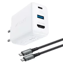   Acefast 2 az 1-ben hálózati töltő adapter GaN 65W USB Type C / USB, HDMI adapter 4K@60Hz + USB Type C kábel 1.8m, fehér (A17)