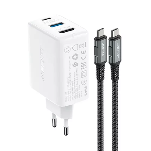 Acefast 2 az 1-ben hálózati töltő adapter GaN 65W USB Type C / USB, HDMI adapter 4K@60Hz + USB Type C kábel 1.8m, fehér (A17)