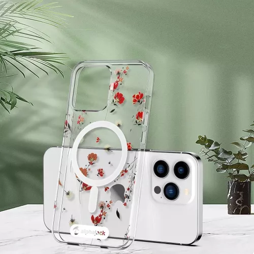 iPhone 14 Pro Max MagSafe kompatibilis tok virágmintával TPU+PC IMD02 Alphajack