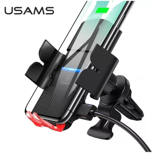 USAMS CD133 Szellőzőre rögzíthető automata telefontartó és Qi vezeték nélküli töltő 10W fekete