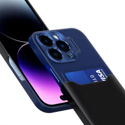 iPhone 14 Plus Leather Stand tok kártyatartóval kék