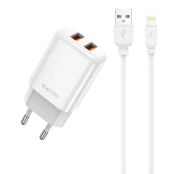   Jellico EU02 hálózati töltő adapter 2.4A 12W 2xUSB + Lightning kábel fehér