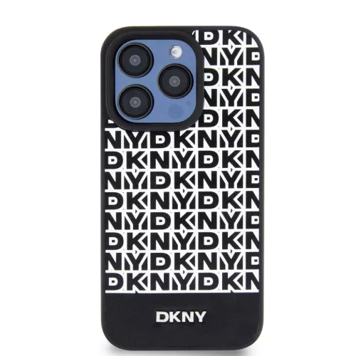 DKNY PU Leather Repeat Pattern Bottom Stripe MagSafe tok iPhone 13 Pro Max-hoz fekete