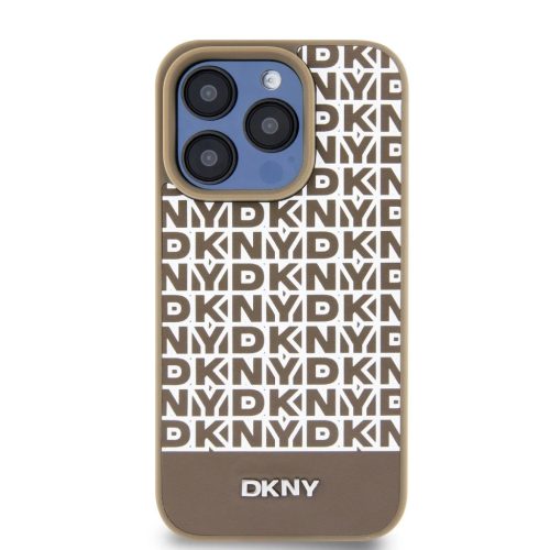 DKNY PU Leather Repeat Pattern Bottom Stripe MagSafe tok iPhone 14 Pro-hoz barna