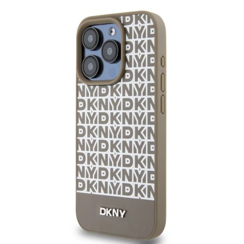 DKNY PU Leather Repeat Pattern Bottom Stripe MagSafe tok iPhone 14 Pro-hoz barna