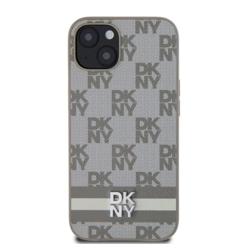 DKNY PU Bőr Kockás Minta és Csíkos iPhone 13 tok Bézs