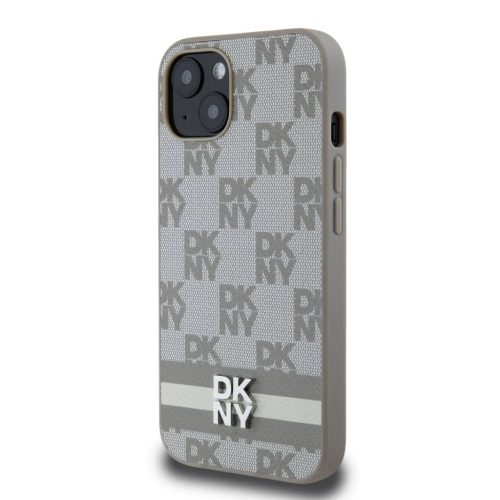 DKNY PU Bőr Kockás Minta és Csíkos iPhone 13 tok Bézs