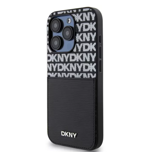 DKNY PU bőrmintás kártyazsebes tok iPhone 14 Pro Max Fekete