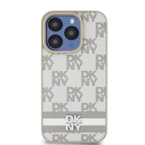DKNY PU bőrből készült kockás mintás és csíkos tok iPhone 14 Pro-hoz bézs