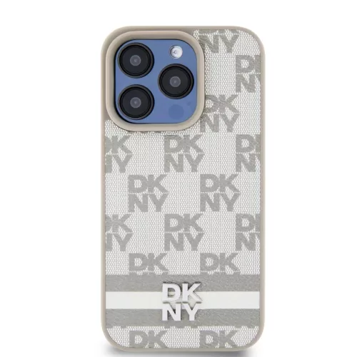DKNY PU Bőrből Készült Kockás és Csíkos Mintájú Tok iPhone 13 Pro-hoz Bézs