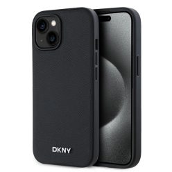   DKNY PU bőrből készült ezüst fém logós MagSafe tok iPhone 13 készülékekhez fekete színben tok