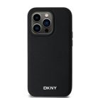 DKNY PU Bőr Ezüst Fém Logós Magsafe Tok iPhone 14 Pro-hoz Fekete