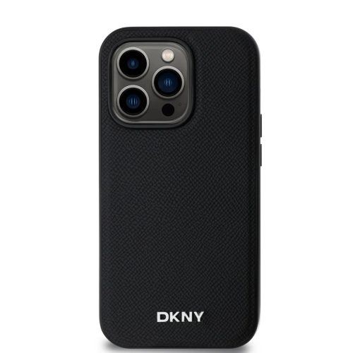 DKNY PU Bőr Ezüst Fém Logós Magsafe Tok iPhone 14 Pro-hoz Fekete