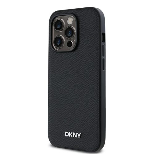 DKNY PU Bőr Ezüst Fém Logós Magsafe Tok iPhone 14 Pro-hoz Fekete