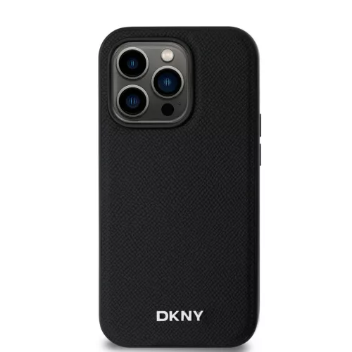 DKNY PU Bőr Ezüst Fém Logós Magsafe tok iPhone 14 Pro Max Fekete