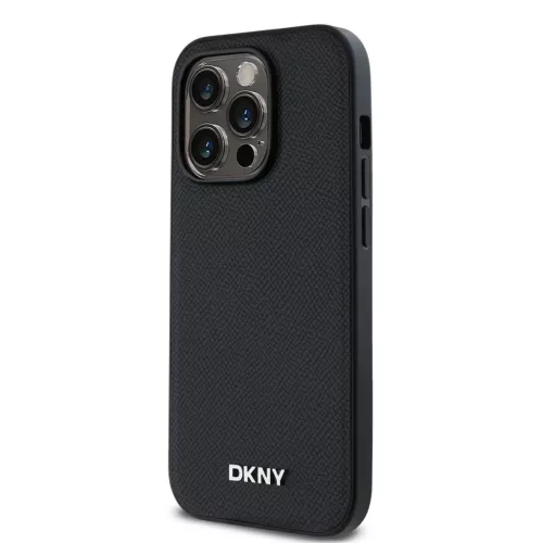 DKNY PU Bőr Ezüst Fém Logós Magsafe tok iPhone 14 Pro Max Fekete