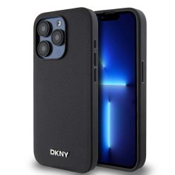   DKNY PU Bőr Ezüst Fém Logós Magsafe tok iPhone 15 Pro Max Fekete