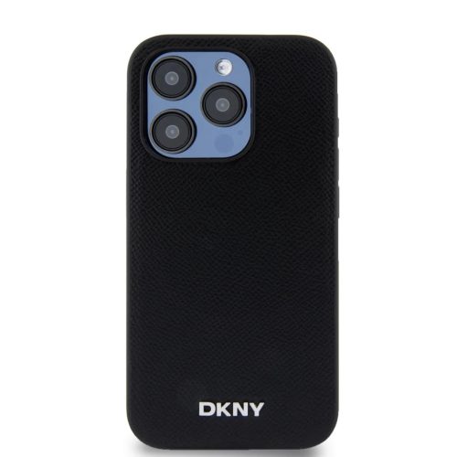 DKNY PU Bőr Ezüst Fém Logós Magsafe tok iPhone 15 Pro Max Fekete