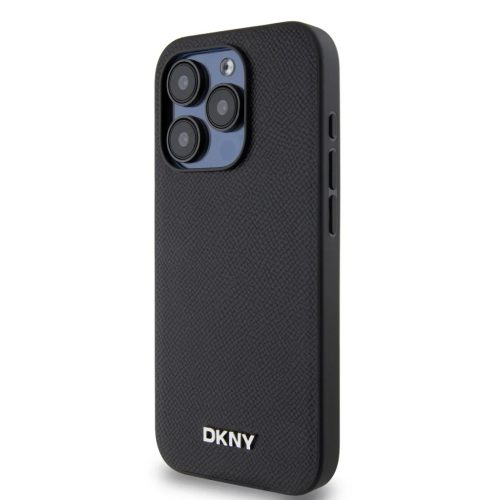 DKNY PU Bőr Ezüst Fém Logós Magsafe tok iPhone 15 Pro Max Fekete