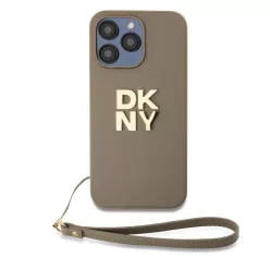   DKNY PU bőr Stack Logo csuklópántos tok iPhone 14 Pro Max Bézs