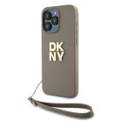 DKNY PU bőr Stack Logo csuklópántos tok iPhone 14 Pro Max Bézs