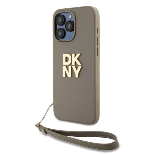 DKNY PU bőr Stack Logo csuklópántos tok iPhone 14 Pro Max Bézs