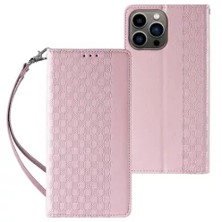   Magnet Strap Case tok iPhone 13 Pro Max-hoz Pénztárca + Mini Láncos Medál Rózsaszín