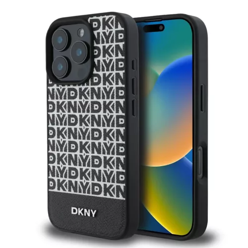 iPhone 16 Pro fekete DKNY PU bőr ismétlődő mintás alsó csíkos MagSafe tok