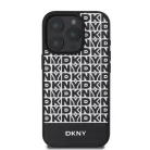 iPhone 16 Pro fekete DKNY PU bőr ismétlődő mintás alsó csíkos MagSafe tok