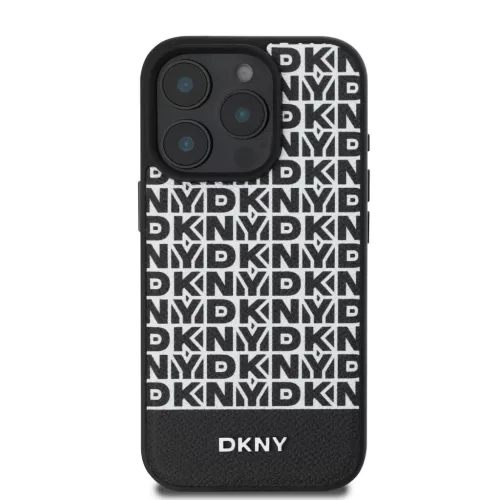 iPhone 16 Pro fekete DKNY PU bőr ismétlődő mintás alsó csíkos MagSafe tok