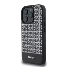 iPhone 16 Pro fekete DKNY PU bőr ismétlődő mintás alsó csíkos MagSafe tok