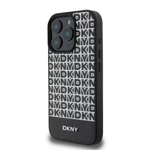 iPhone 16 Pro fekete DKNY PU bőr ismétlődő mintás alsó csíkos MagSafe tok