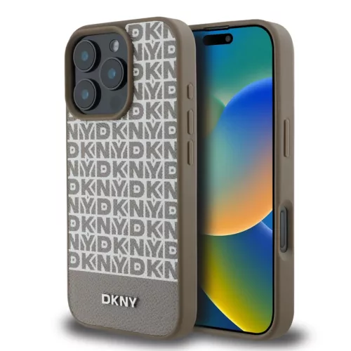 iPhone 16 Pro Barna DKNY PU Bőr Ismétlődő Minta alsó Csík MagSafe tok