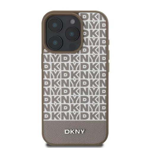 iPhone 16 Pro Barna DKNY PU Bőr Ismétlődő Minta alsó Csík MagSafe tok