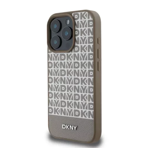 iPhone 16 Pro Barna DKNY PU Bőr Ismétlődő Minta alsó Csík MagSafe tok