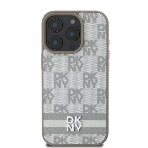 iPhone 16 Pro Beige DKNY PU bőrmintás kockás és csíkos tok