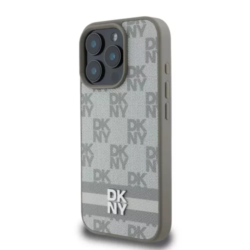 iPhone 16 Pro Beige DKNY PU bőrmintás kockás és csíkos tok