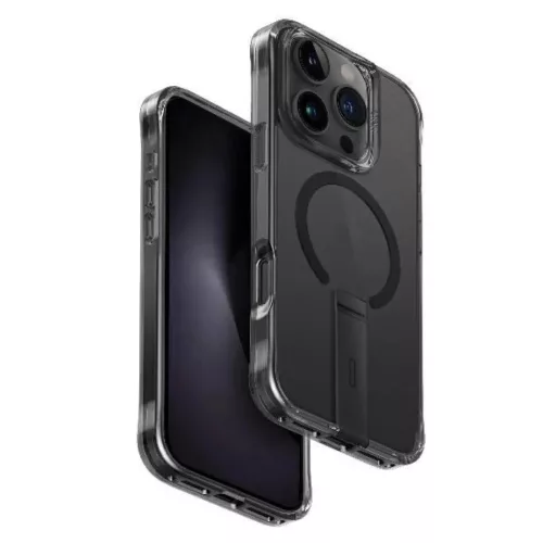 Uniq fliptok Eleva állvánnyal iPhone 16 Pro 6.3" fekete/karbon fekete tok