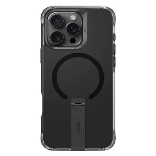 Uniq fliptok Eleva állvánnyal iPhone 16 Pro 6.3" fekete/karbon fekete tok