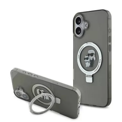 iPhone 16 Plus fekete Karl Lagerfeld Ringstand Karl és Choupette MagSafe tok