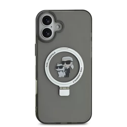 iPhone 16 Plus fekete Karl Lagerfeld Ringstand Karl és Choupette MagSafe tok