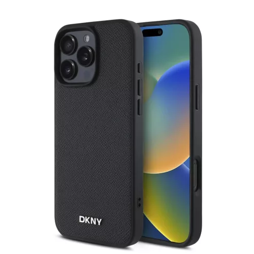 iPhone 16 Pro Fekete DKNY PU Bőr Ezüst Fém Logó Magsafe Tok