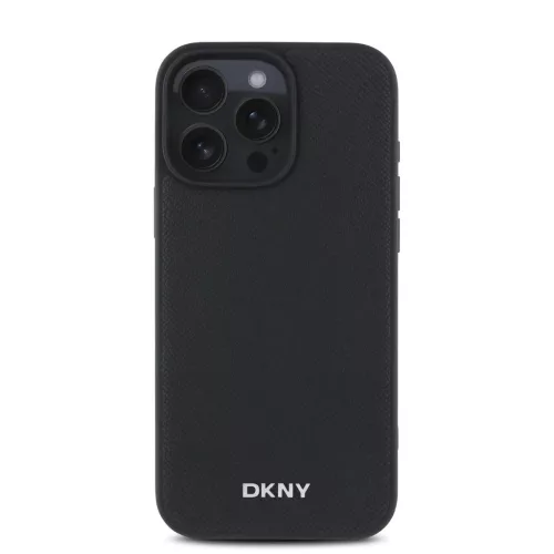 iPhone 16 Pro Fekete DKNY PU Bőr Ezüst Fém Logó Magsafe Tok